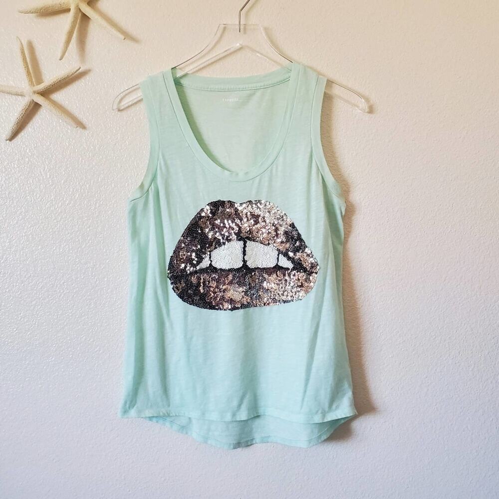 Express Lips Sequin Tank Top Size Small Blue